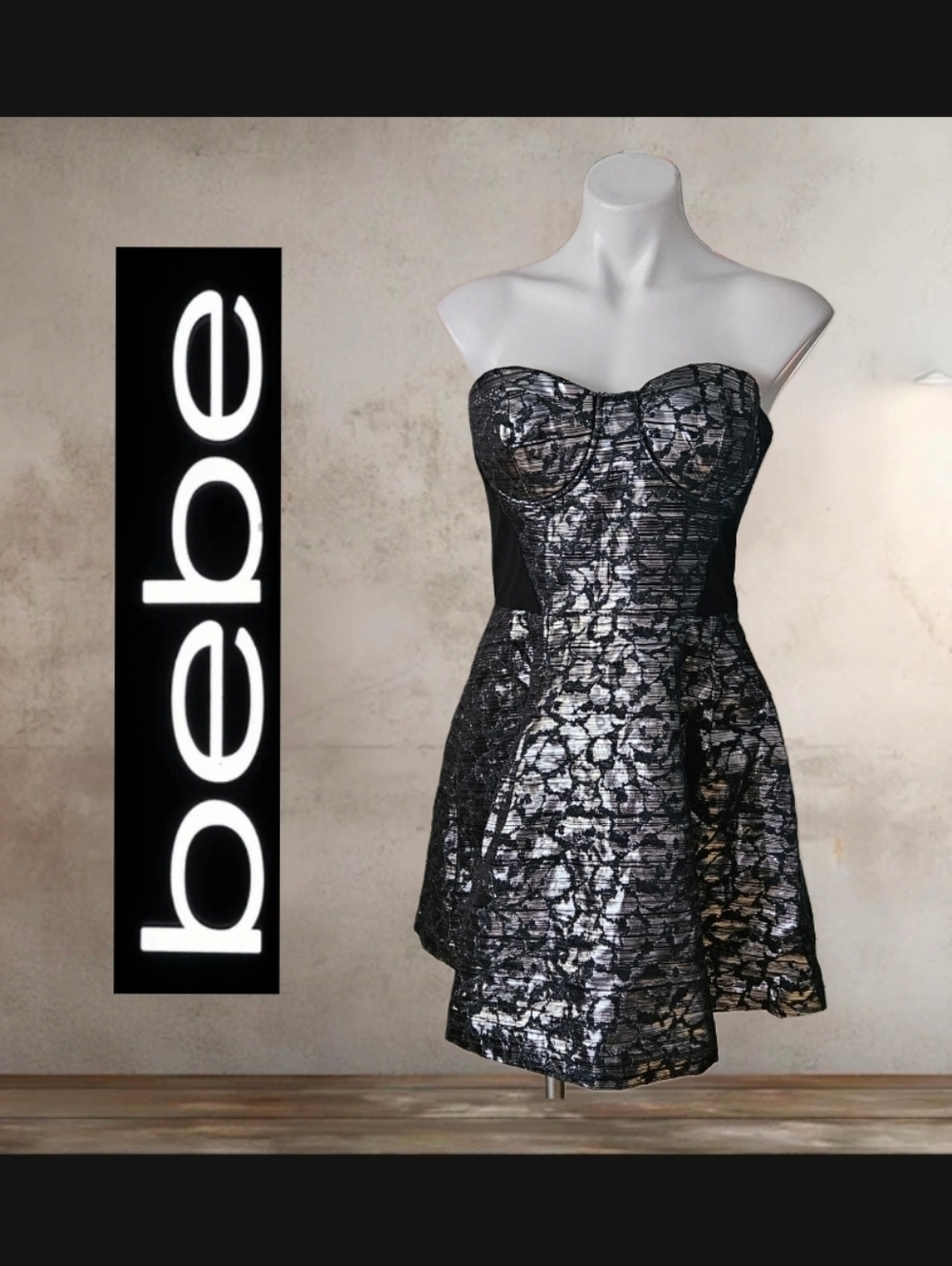 bebe Black Silver Short Corset Boned Top Sleeveless Party Cocktail Dress Large